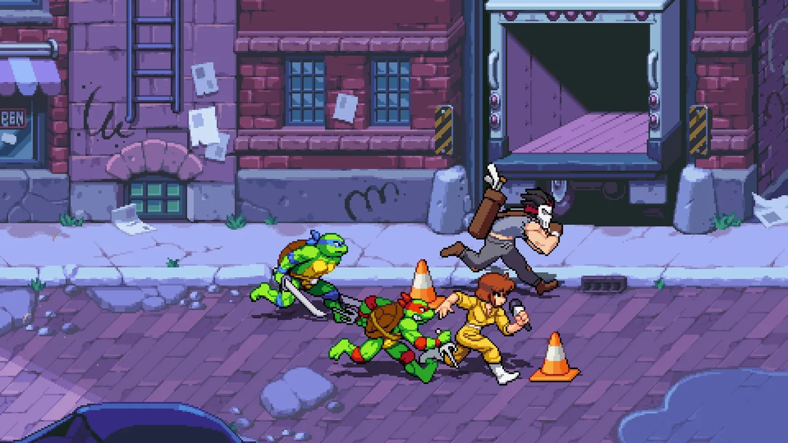 Teenage Mutant Ninja Turtles Shredder's Revenge screenshot showing the four turtles fighting the Foot Clan in a pixel-art New York street
