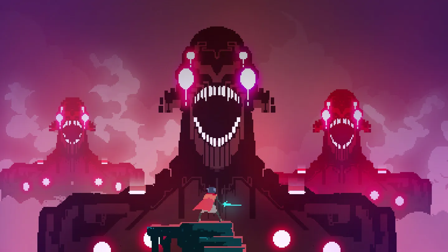 Hyper Light Drifter key art of a cloaked drifter standing before a neon lit ruined city