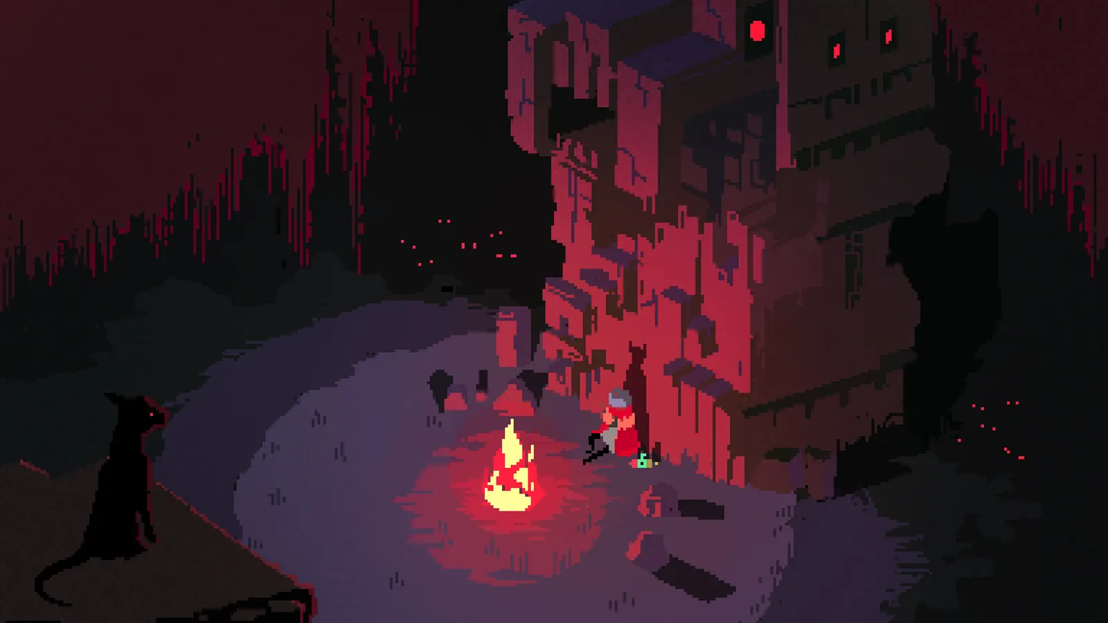Hyper Light Drifter gameplay screenshot showing pixel art combat in a glowing forest