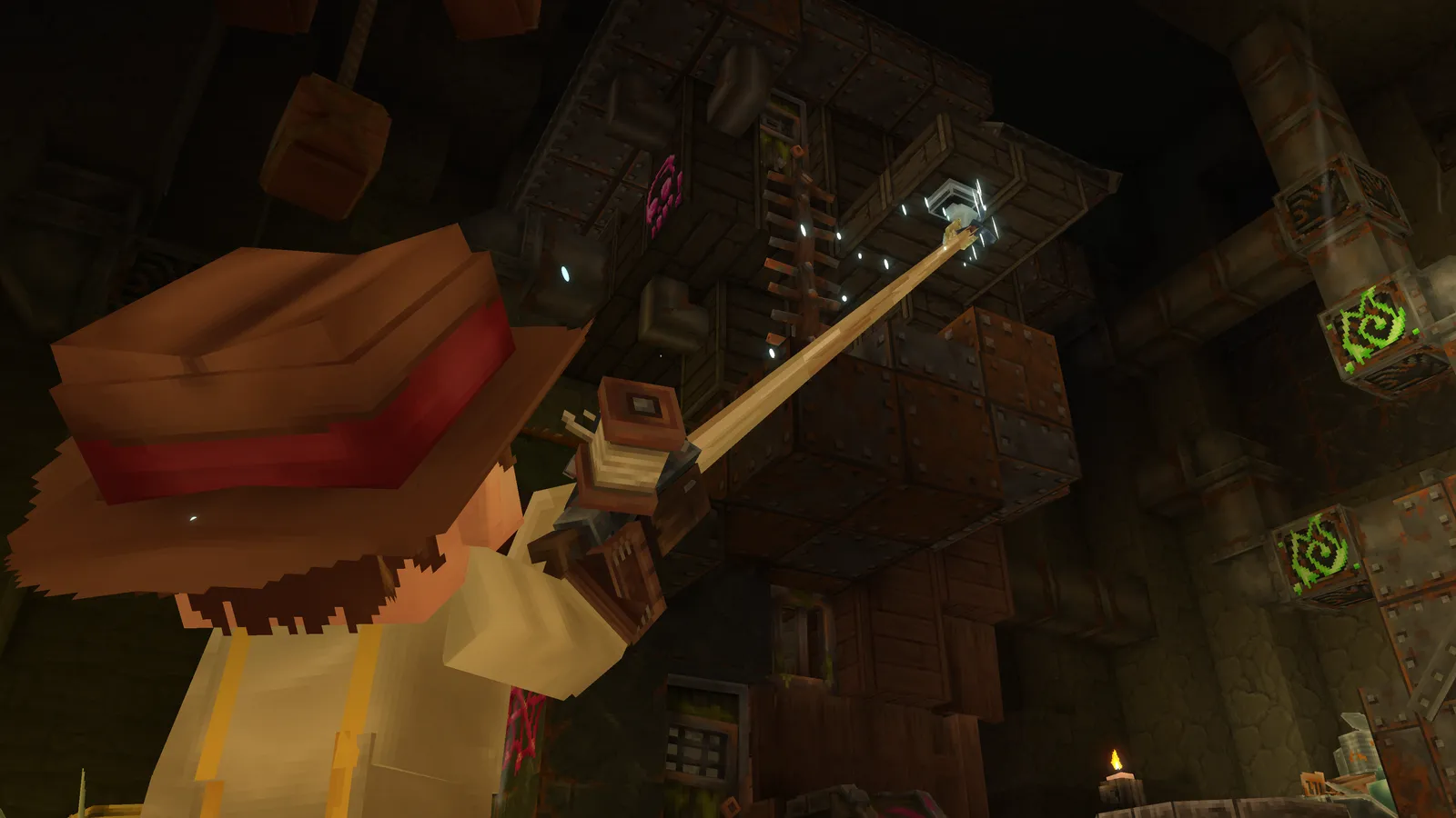 Hytale screenshot showing goblin gadgets such as rocket boots, a hookshot and a glider