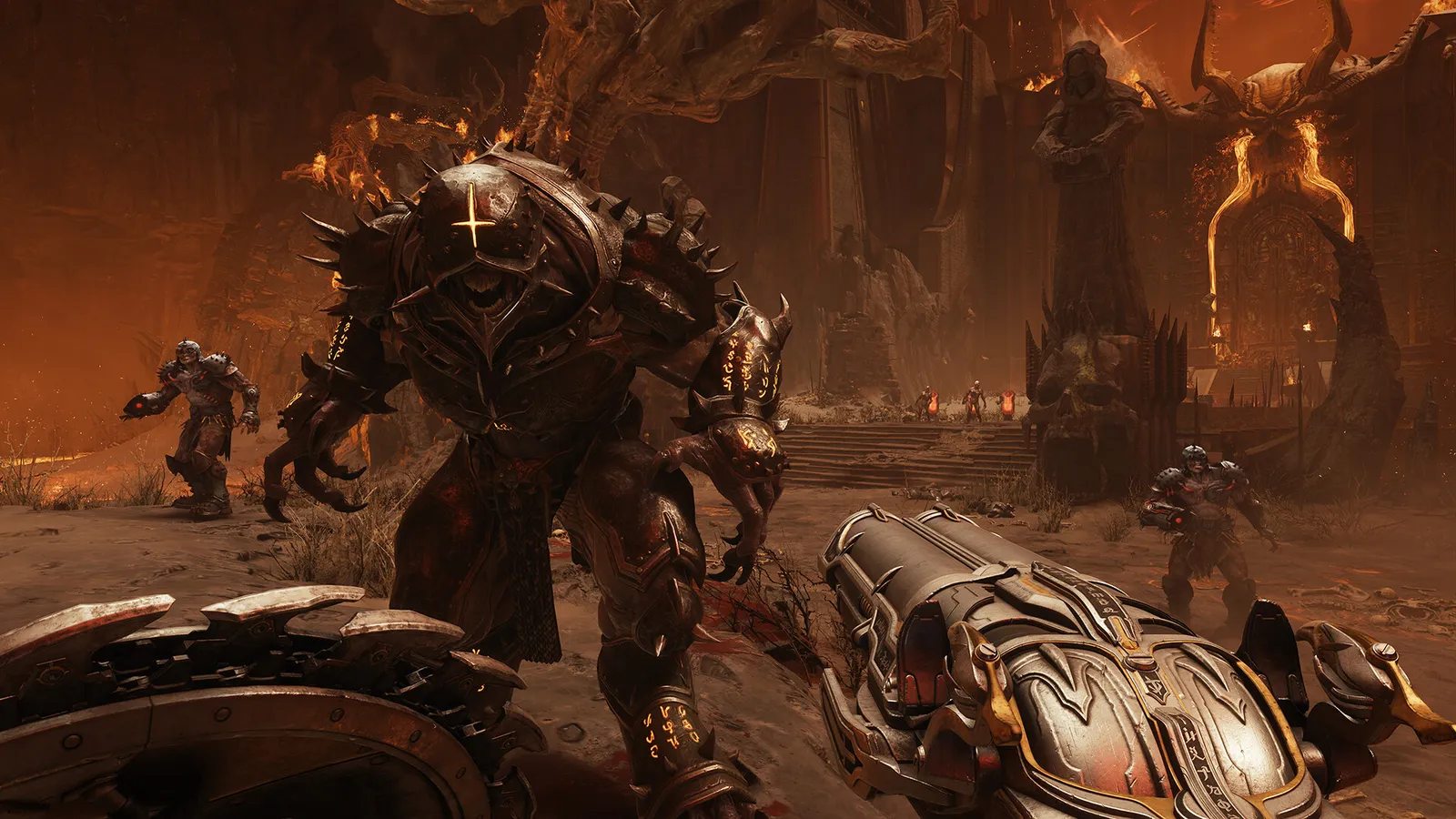 The Doom Slayer standing in a gothic cathedral interior in Doom: The Dark Ages, illuminated by torchlight.