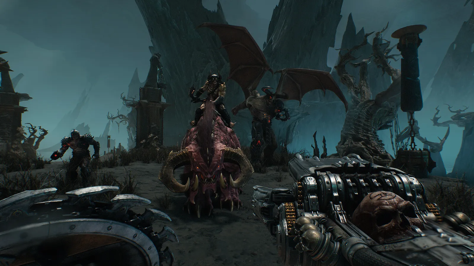 Heavy combat encounter in Doom: The Dark Ages showing the Shield Saw in action against demonic hordes.