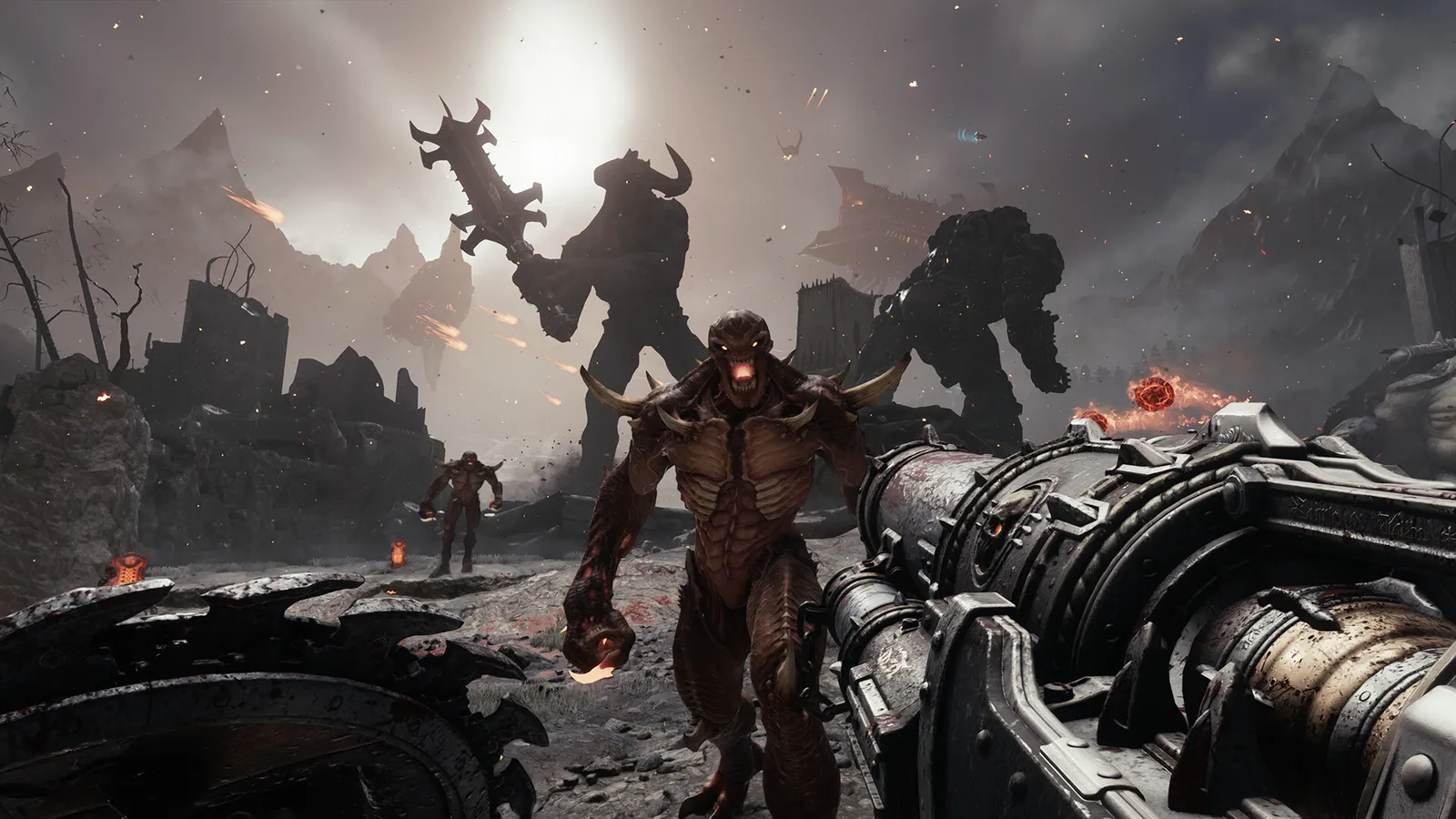 Atmospheric vista from Doom: The Dark Ages with a fortified keep on a windswept plain.