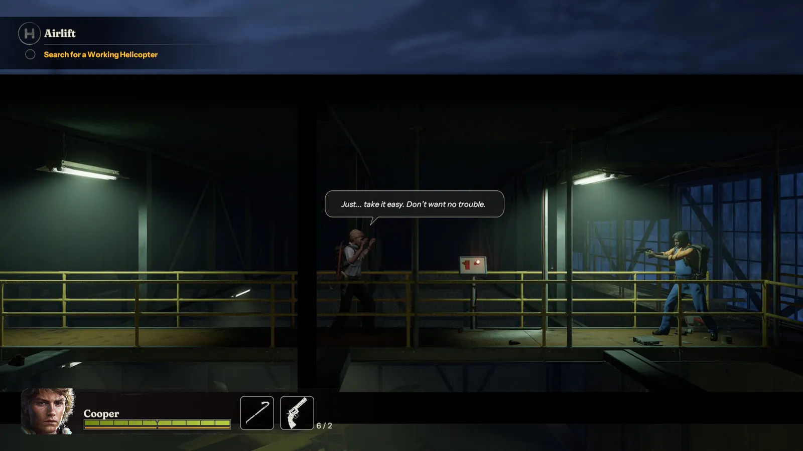 Into the Dead Our Darkest Days gameplay screenshot of a survivor band in a dimly lit Walton City warehouse at night, 1980