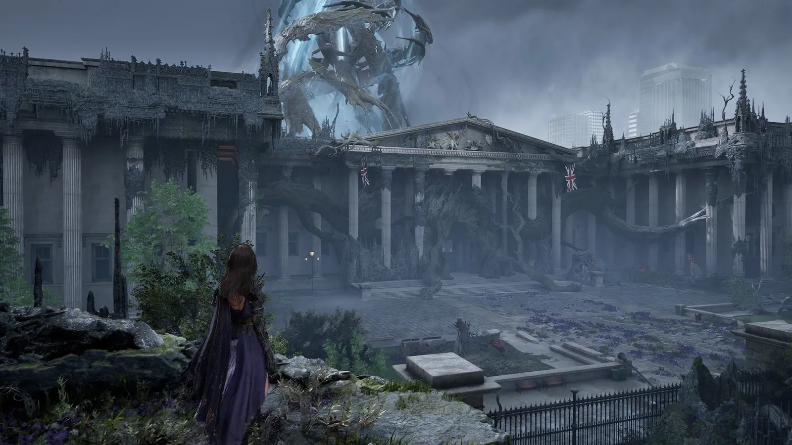 Tides of Annihilation boss fight screenshot featuring a towering spectral knight enemy with glowing weapons against Gwendolyn.