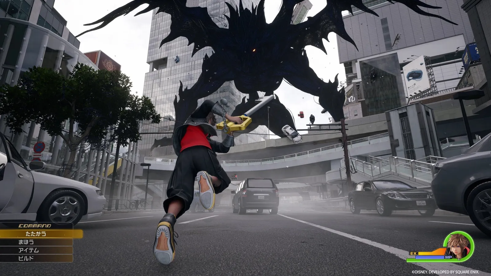 Coco-inspired Kingdom Hearts IV screenshot showing Sora in Day of the Dead face paint alongside Papa Hector, with marigold petals drifting through a candlelit afterlife plaza.