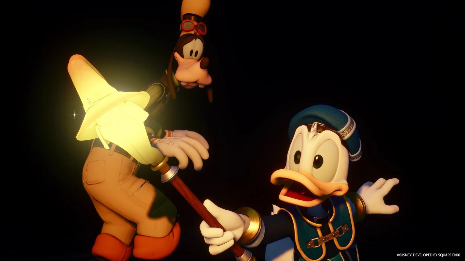 Donald Duck and Goofy in Kingdom Hearts IV standing together, with King Mickey's shadow visible nearby, looking worriedly off-screen for Sora.