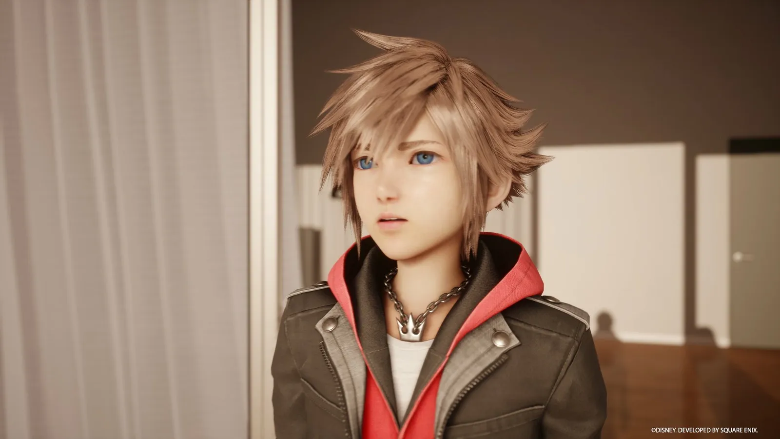 Official Square Enix key art of Sora in Kingdom Hearts IV, lit by neon signage in the realistic Tokyo-style Quadratum hub city.