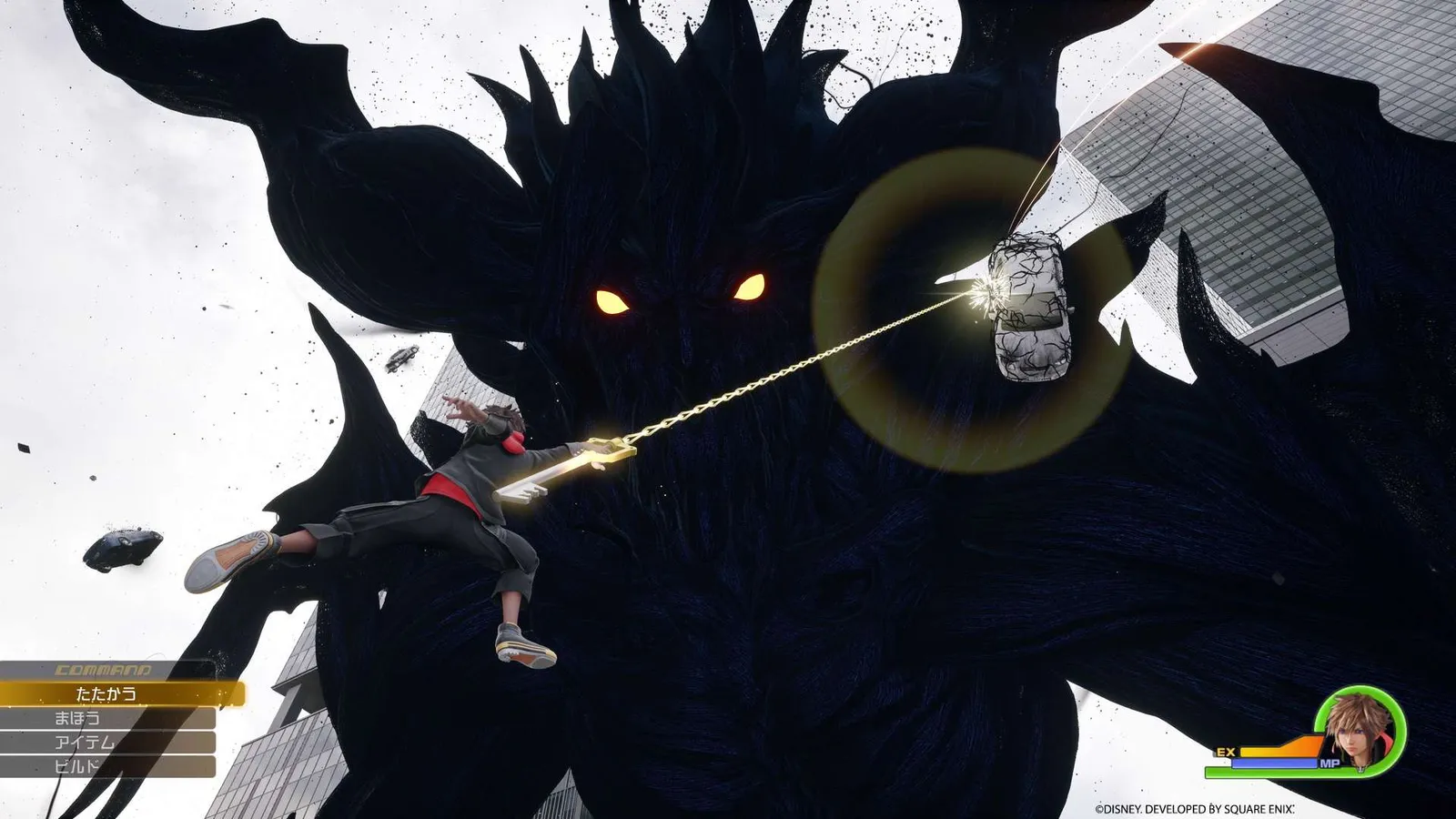 Sora battling a giant foe in the Quadratum world from the official Kingdom Hearts IV reveal
