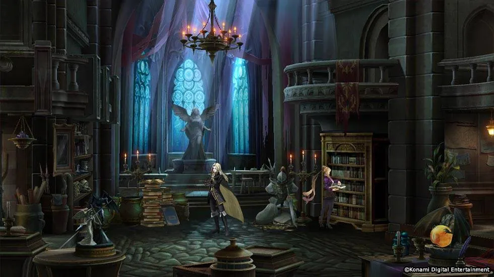 Castlevania Grimoire of Souls boss fight with a massive Dracula creature in a cathedral-like chamber