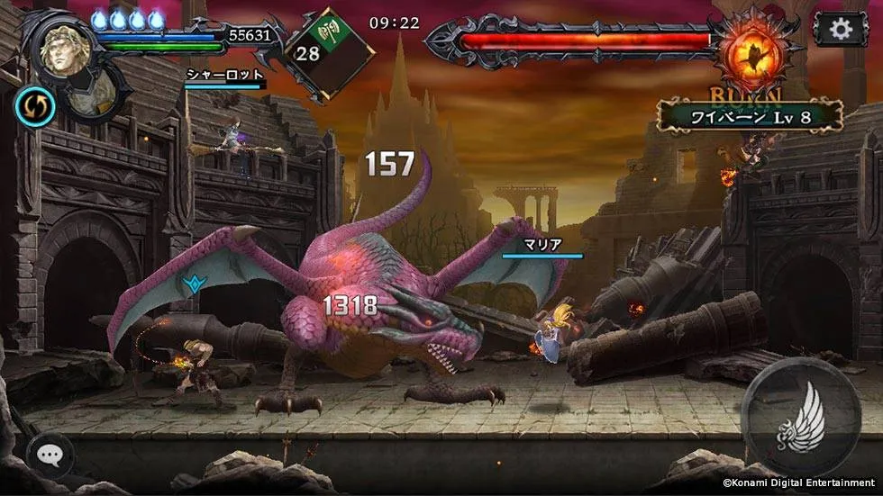 Castlevania Grimoire of Souls multiplayer mode showing two players exploring a Dracula-themed castle stage