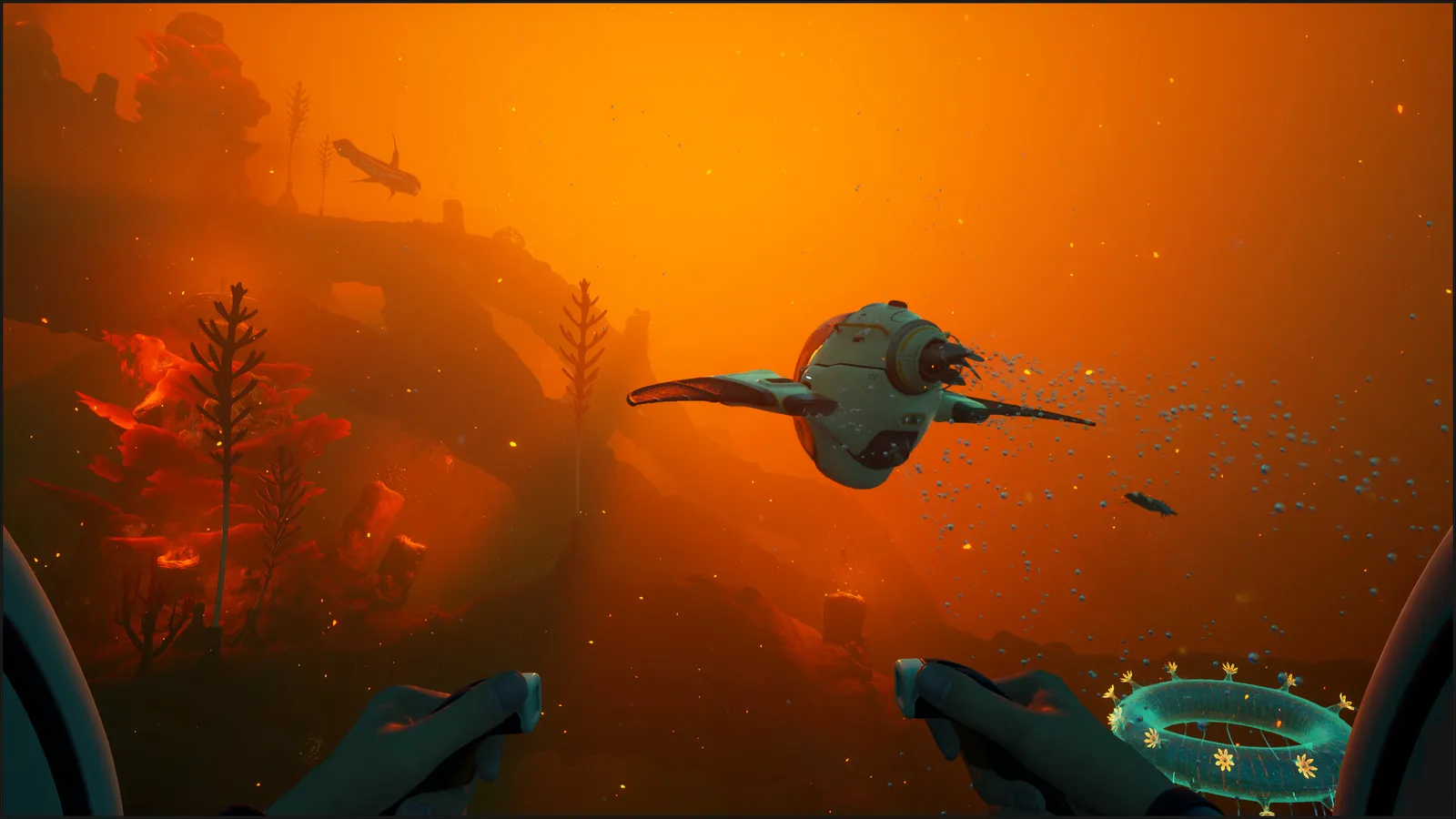 Underwater alien ocean environment in Subnautica 2 with bioluminescent creatures and deep sea terrain