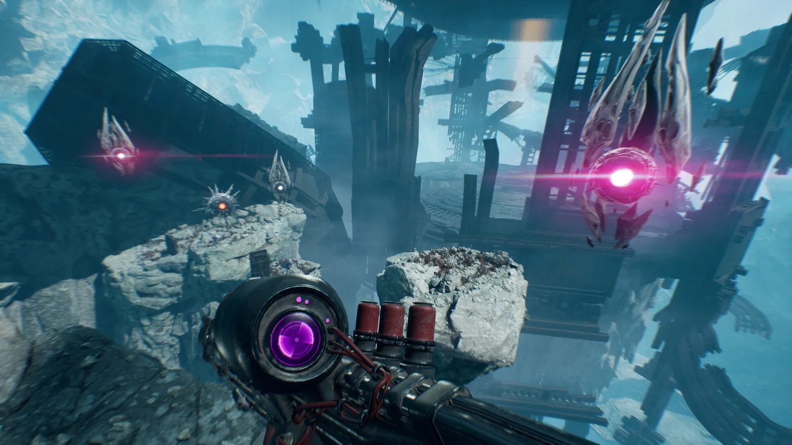 Luna Abyss environment screenshot showing the game's moody alien world design
