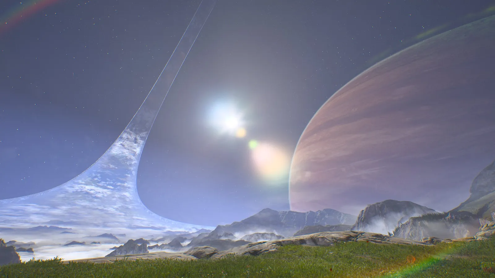 Halo Campaign Evolved screenshot from the official Xbox Twitter account showing a ringed planet and sun rising over rocky alien terrain.