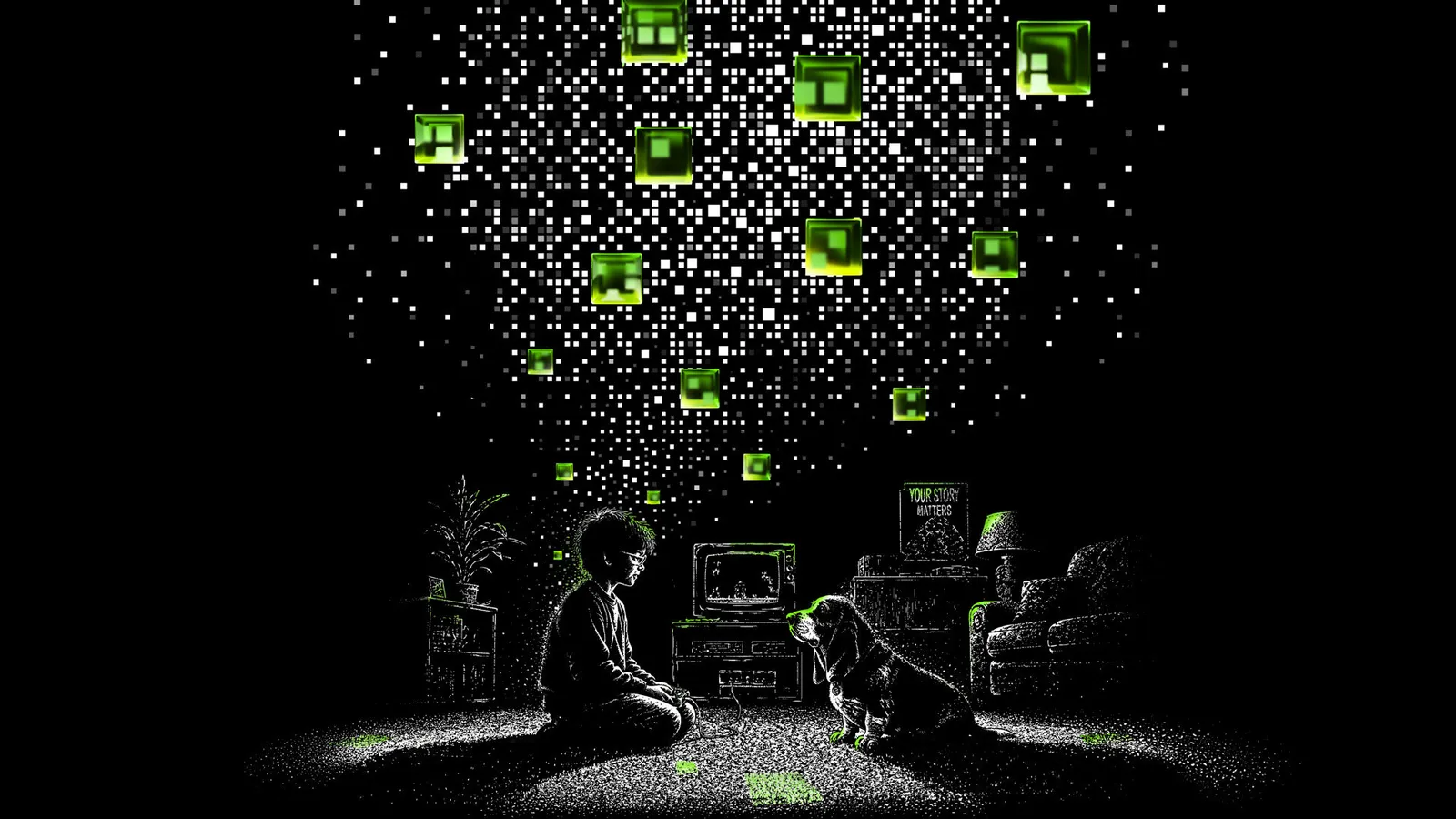 Xbox 25th anniversary gamerpic art by community designer Ben Kenobi showing a kid playing the original Xbox under a green geometric sky.