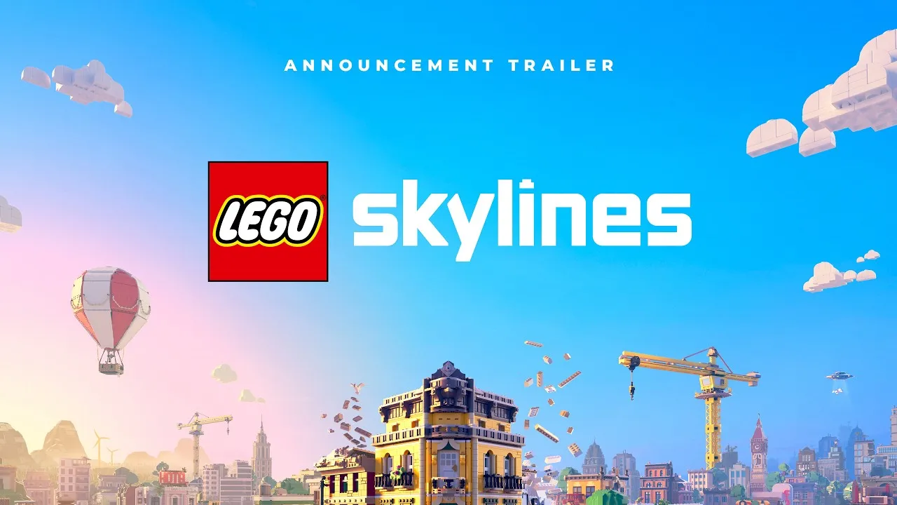 Official LEGO Skylines announcement trailer thumbnail showing a brick-built skyline lit up at dusk