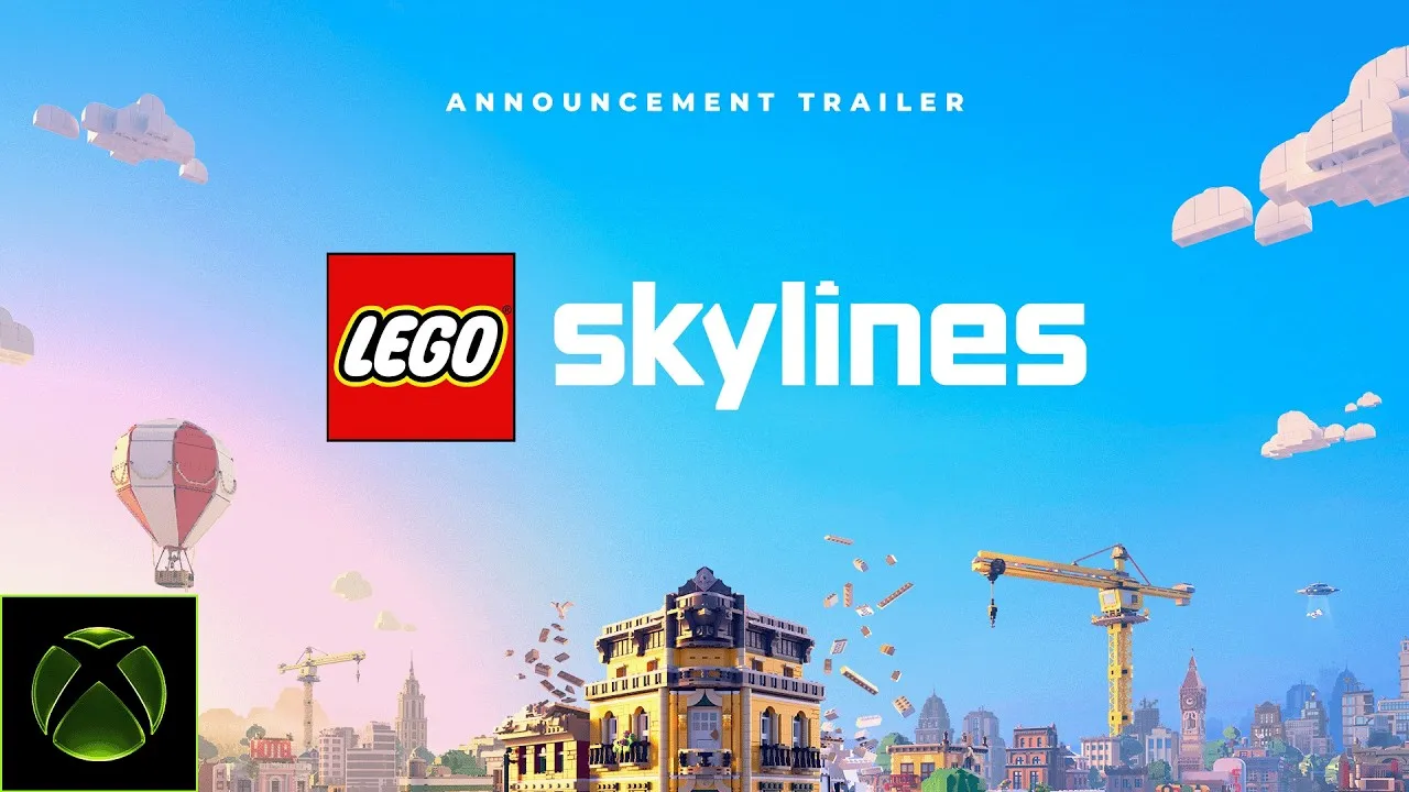 Xbox Skylines announcement trailer key art with the LEGO Skylines logo over a bustling block-built city