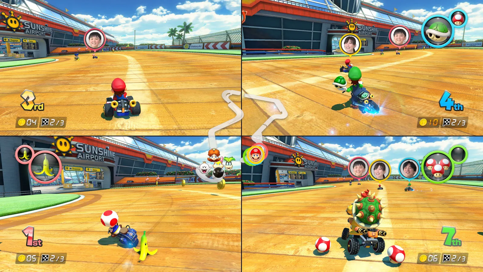 CameraPlay view in Mario Kart 8 Deluxe showing a friend's face on the Switch 2 screen during a local race.
