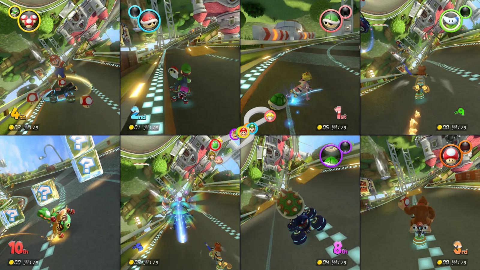 Eight player split screen race on a single Nintendo Switch 2 in Mario Kart 8 Deluxe.