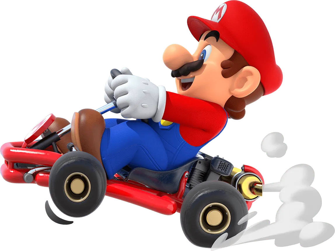 Mario Kart Tour gameplay screenshot showing characters racing on a colorful mobile track