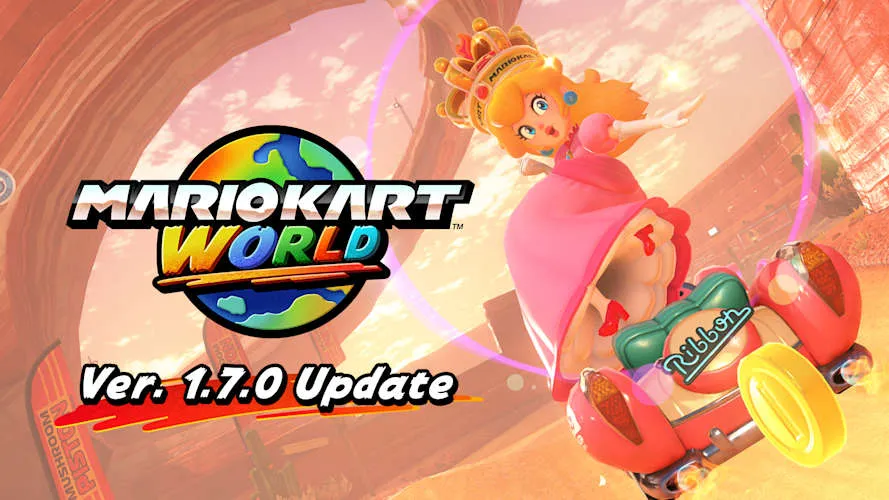 Mario Kart World version 1.7.0 update announcement screen showing the Knockout Tour mode with multiple kart racers on a colorful track