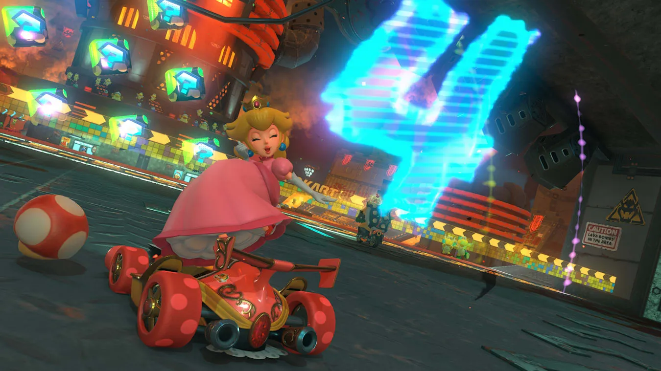 Mario Kart World Drill Rally end section near Bowser Castle with dramatic lighting and multiple racers competing