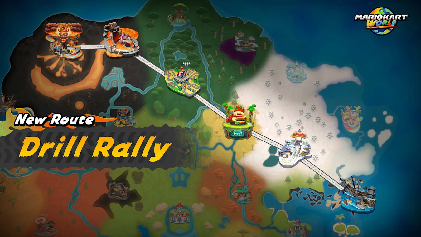 Mario Kart World Drill Rally route showing racers passing through Wario Shipyard on the way to Bowser Castle