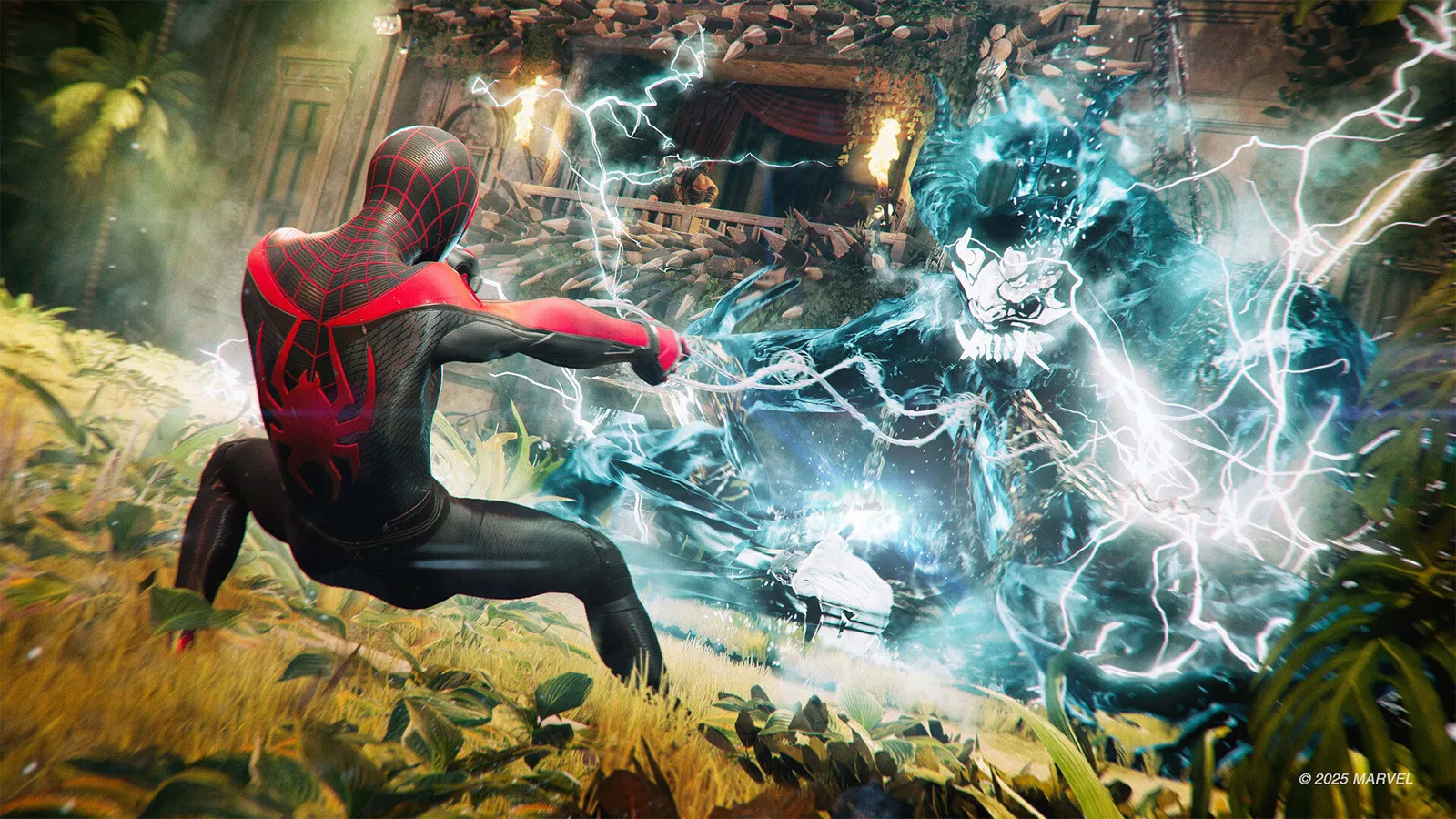 Peter Parker and Miles Morales swinging side by side over Manhattan in Marvel's Spider-Man 2
