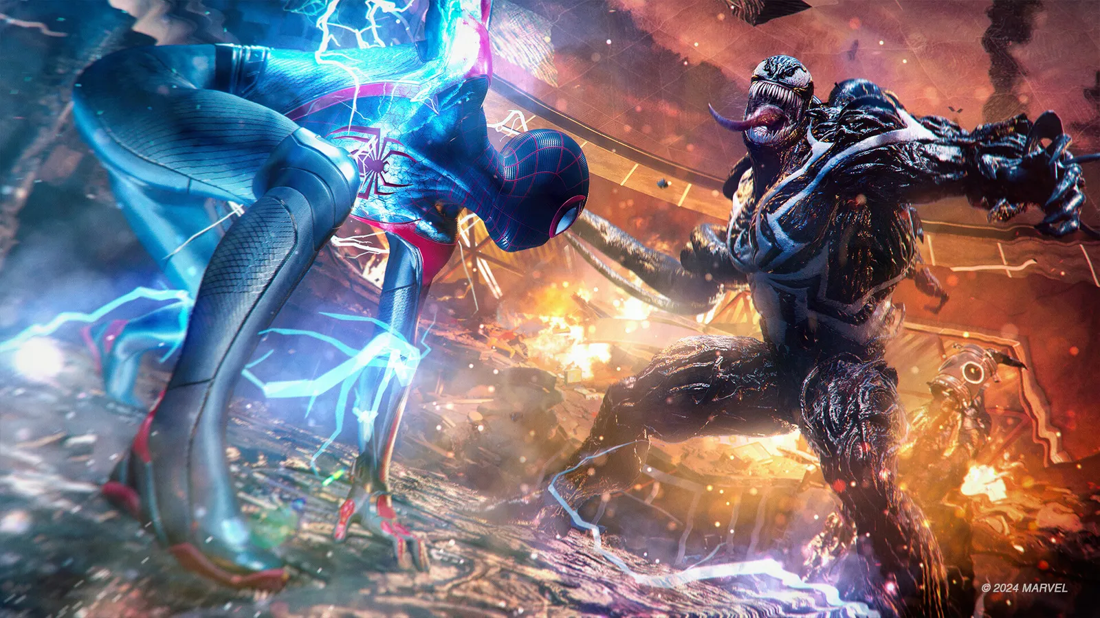 Symbiote suit action shot from Marvel's Spider-Man 2 showing Peter Parker in black costume