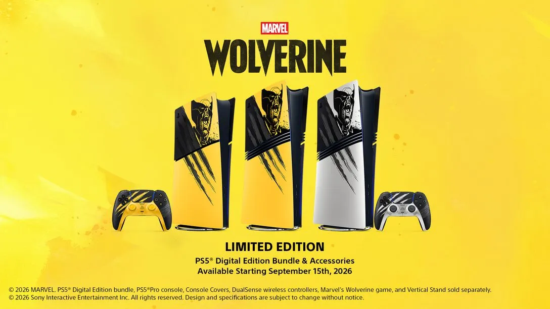 Battle Yellow limited edition PS5 Digital Edition and DualSense controller, both styled with Wolverine claw marks