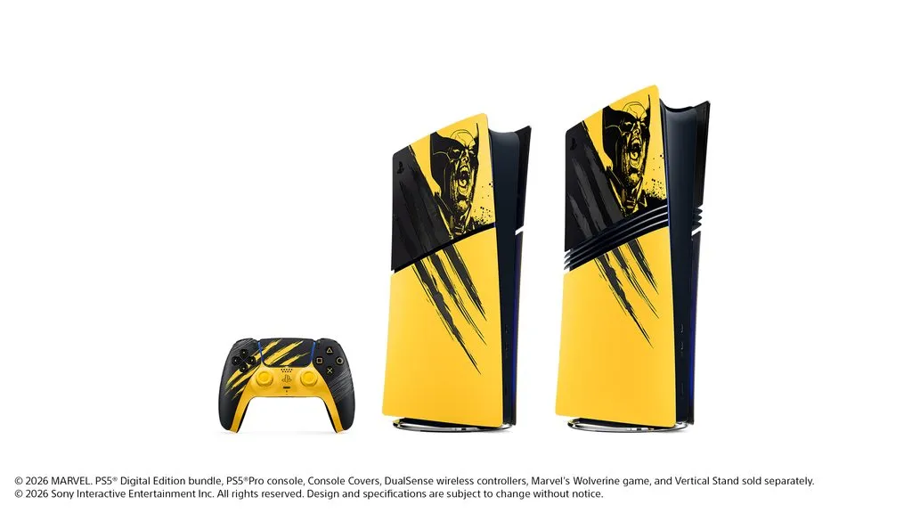 Wolverine PS5 console cover and DualSense controller shown in alternate Battle Yellow lighting