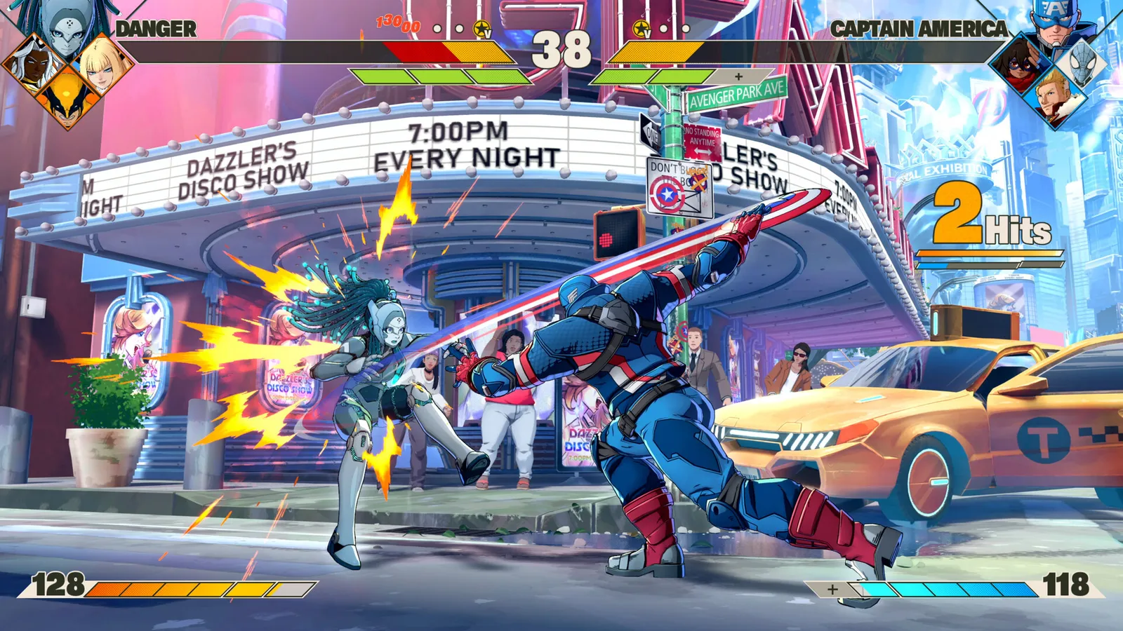 Marvel Tokon roster shot showing multiple fighters mid-combo with cinematic hit effects.