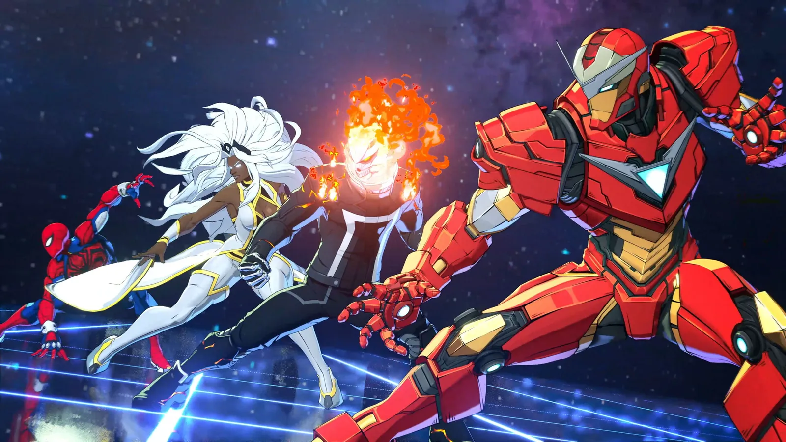 Marvel Tokon Fighting Souls screenshot of two fighters clashing in a stage with bright comic-book lighting.