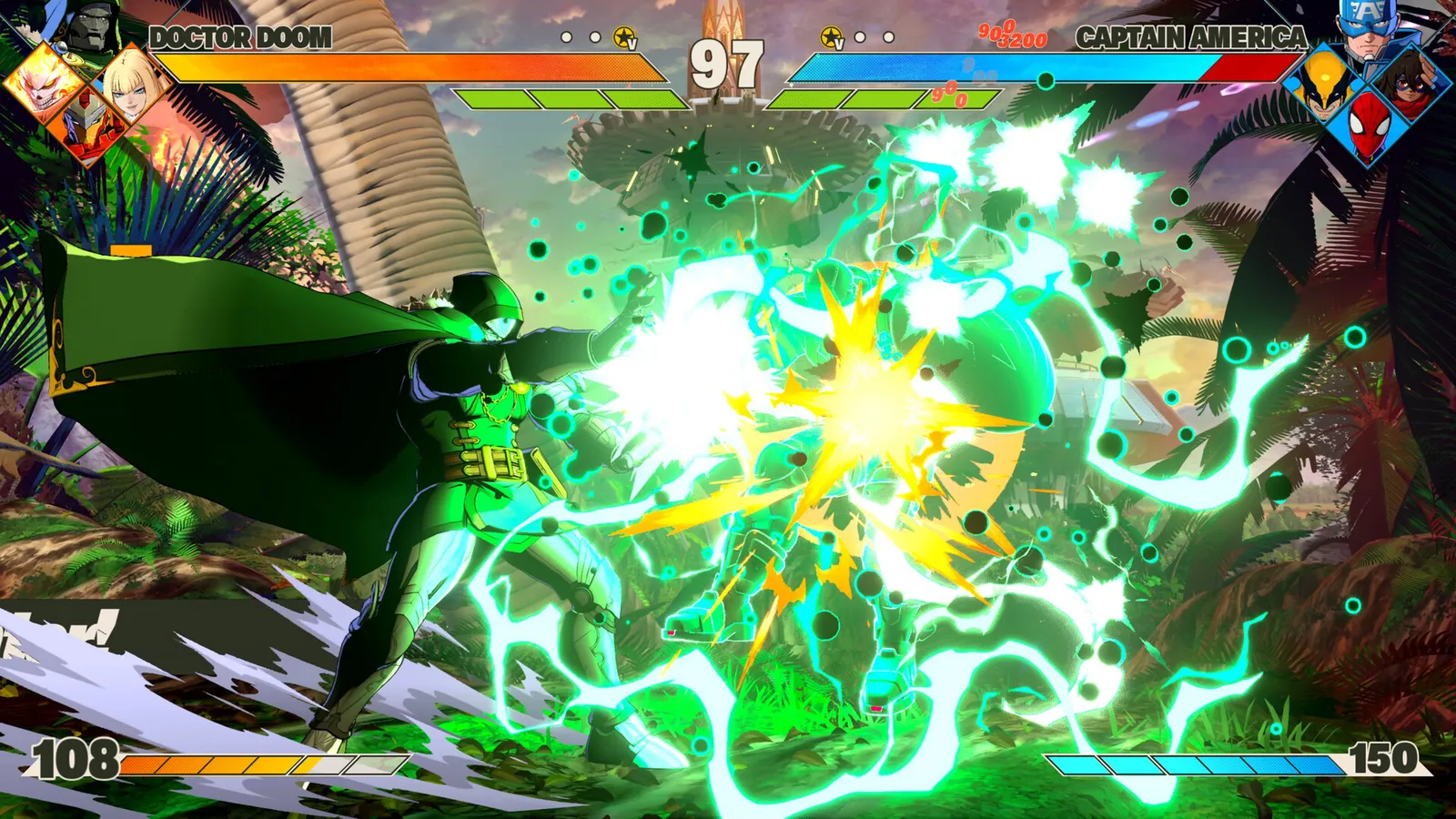 Marvel Tokon screenshot of a four-on-four team fight with HUD and assist call graphics.