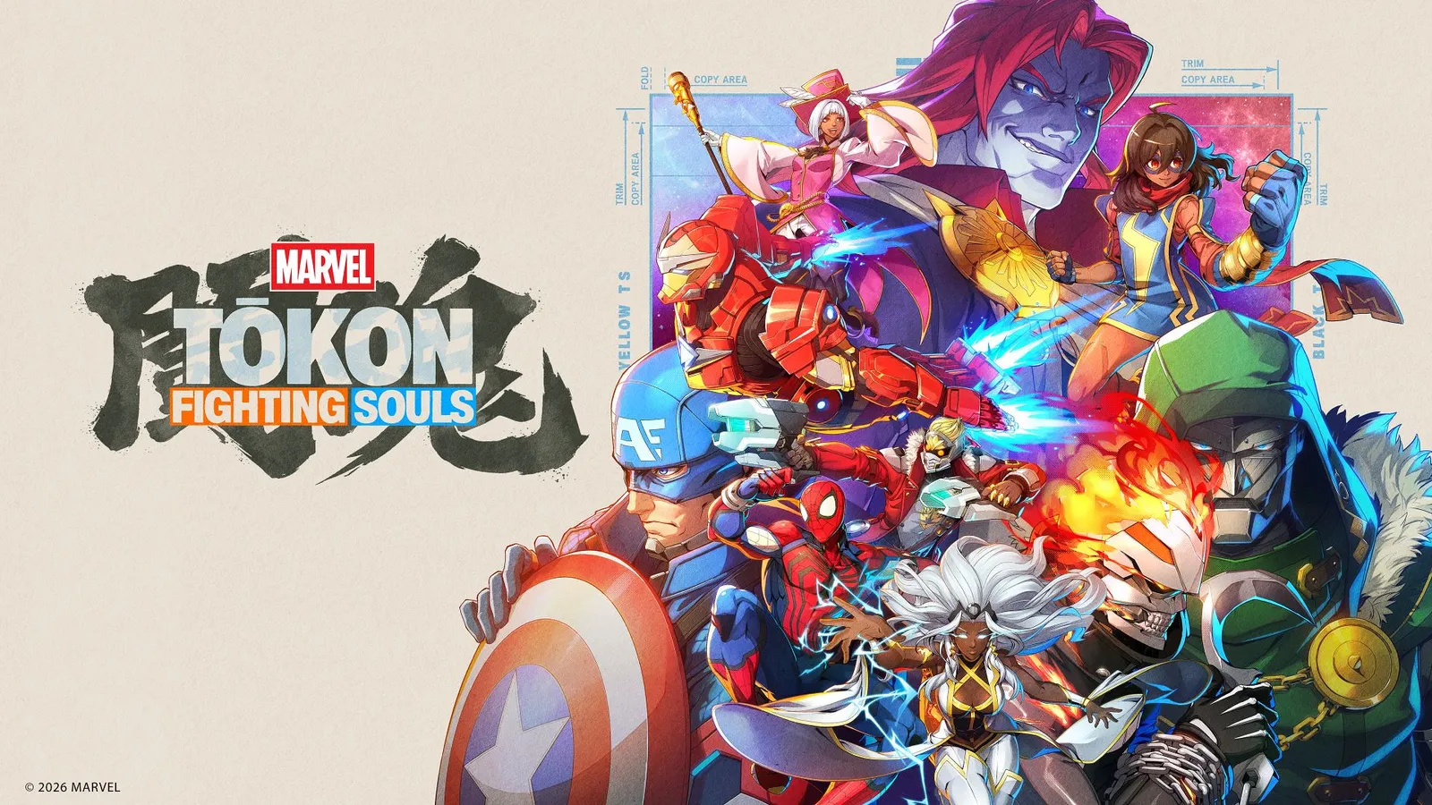 MARVEL Tokon Fighting Souls key art featuring all four teams with leaders at the forefront