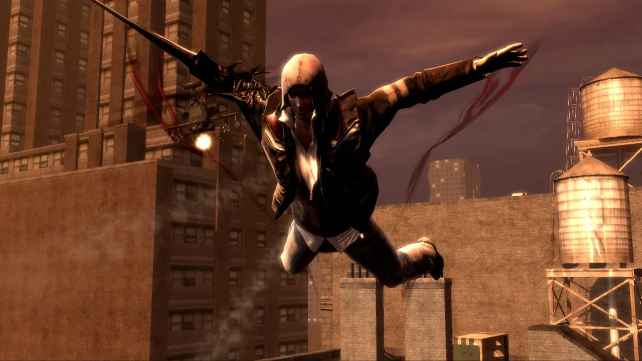 Press image of Radical Entertainment's Prototype character Alex Mercer on a rooftop