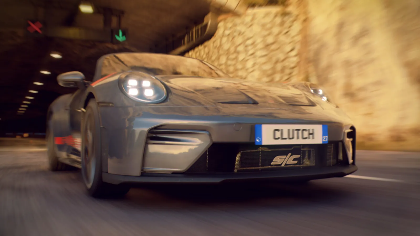 Cinematic close-up of a driver behind the wheel of a turbocharged hatchback on a cliffside road in Clutch's French Riviera map.