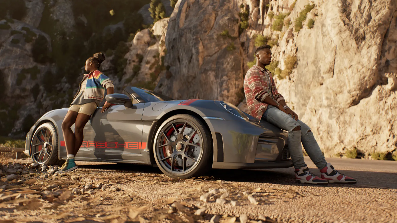 A heavily modified sports car drifting through a Mediterranean town square at night with neon signs and palm trees in Clutch.