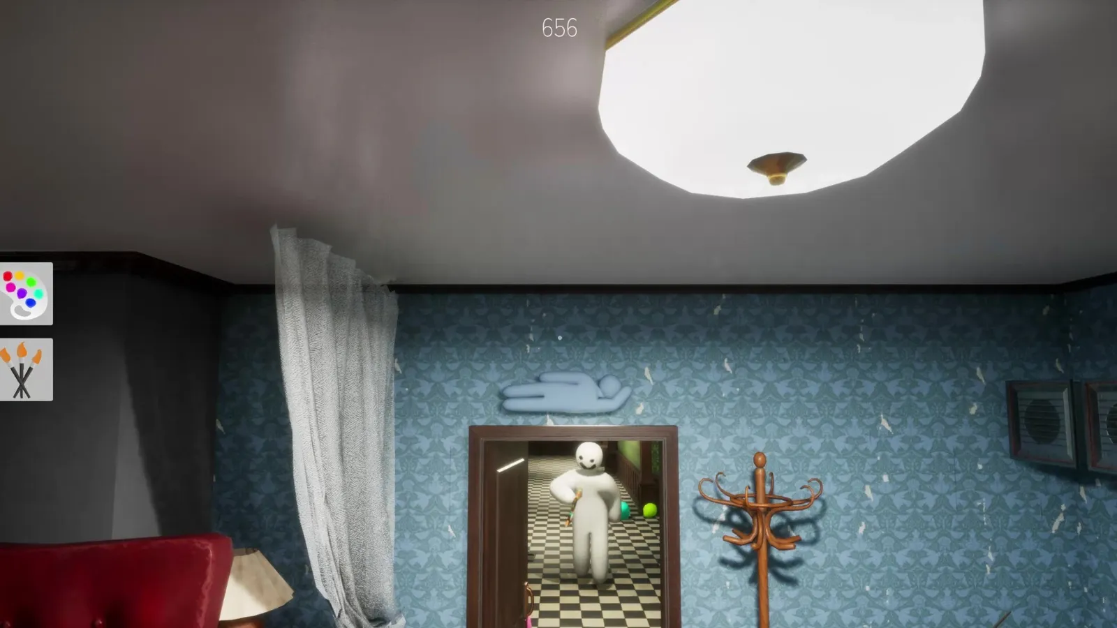 MECCHA CHAMELEON gameplay screenshot showing painted chameleon characters hiding inside a colorful cartoon room