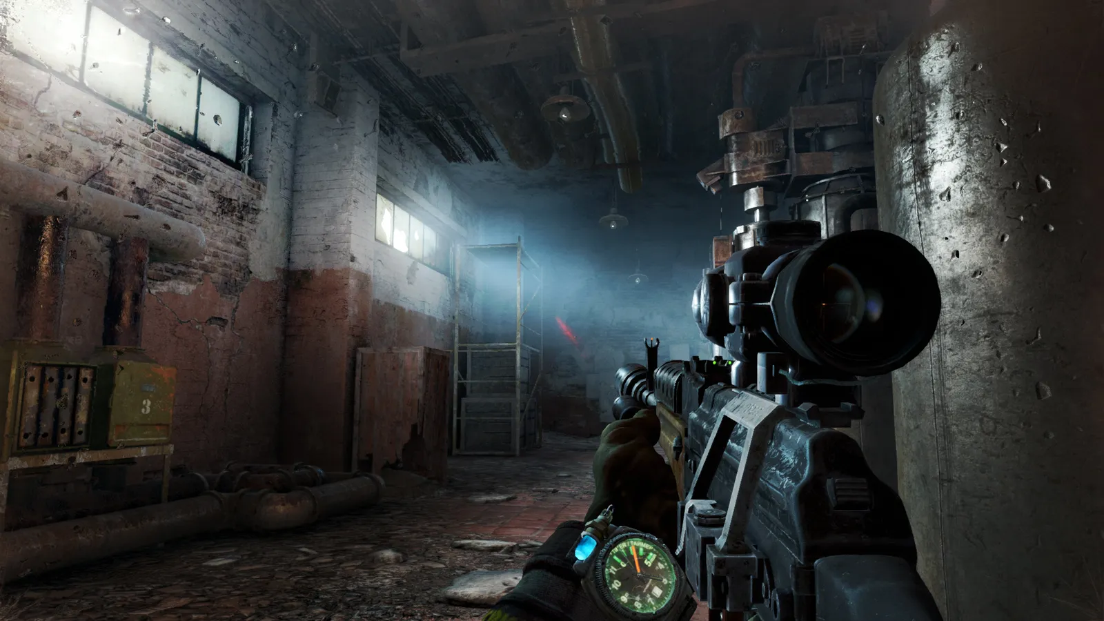 Screenshot from Metro Last Light Redux on Steam showing the game's tunnels and lighting