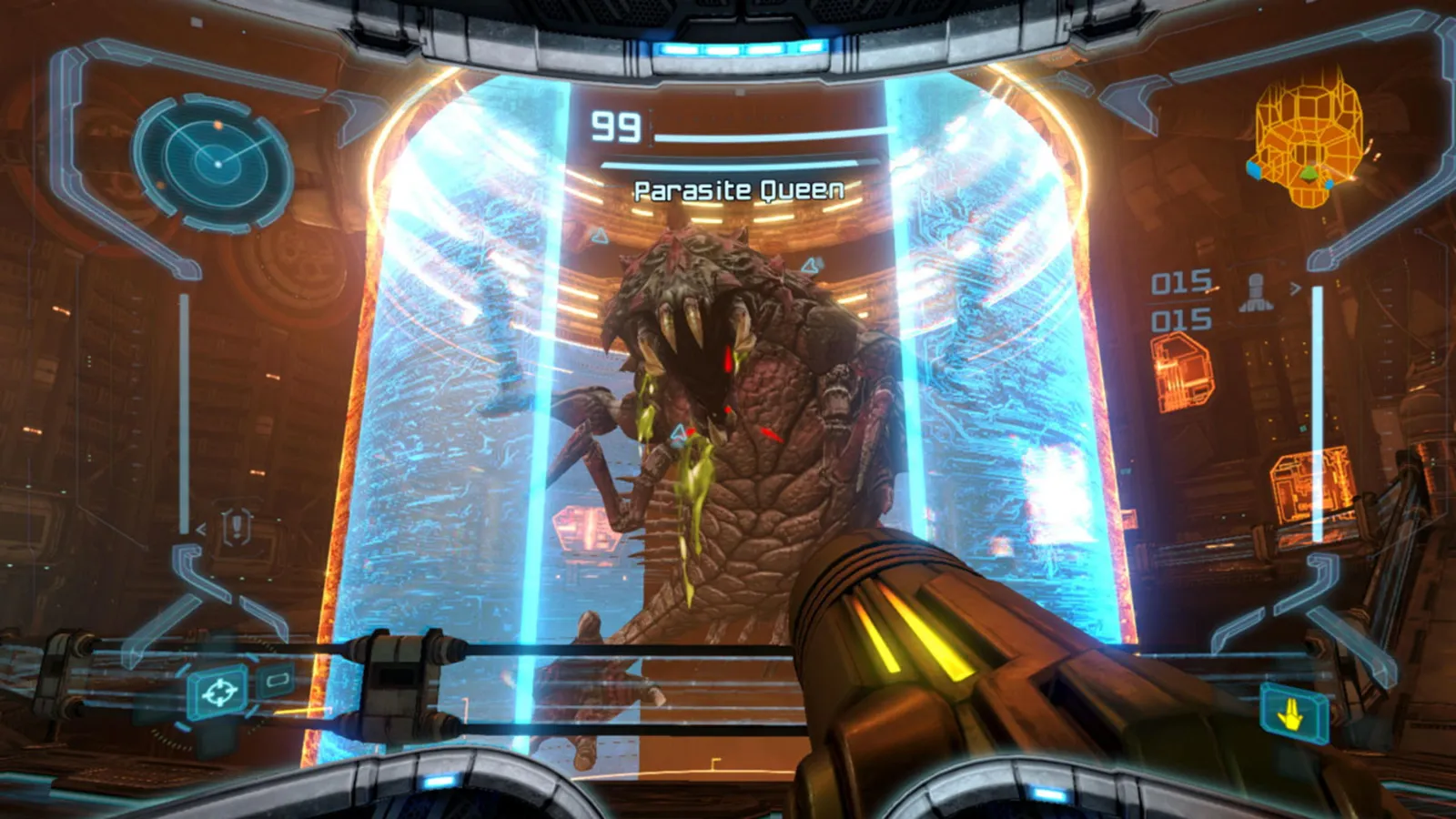 Official screenshot of first-person combat in Metroid Prime Remastered