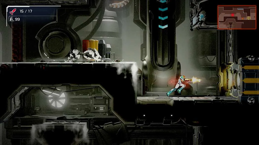Samus Aran fighting an enemy creature in a purple-lit alien environment in Metroid Dread