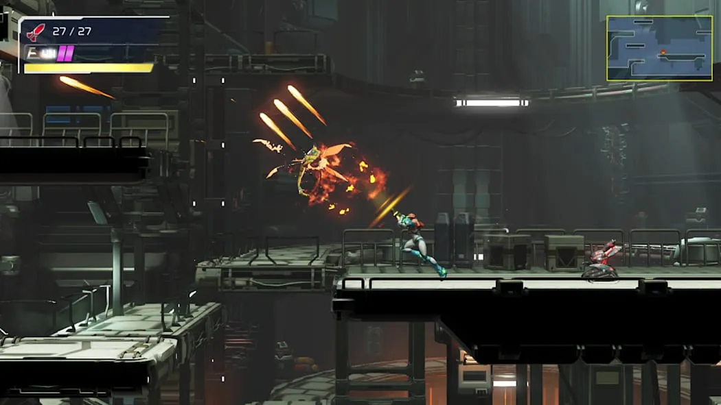 Samus Aran in her Varia Suit moving through a dark corridor in Metroid Dread on Nintendo Switch