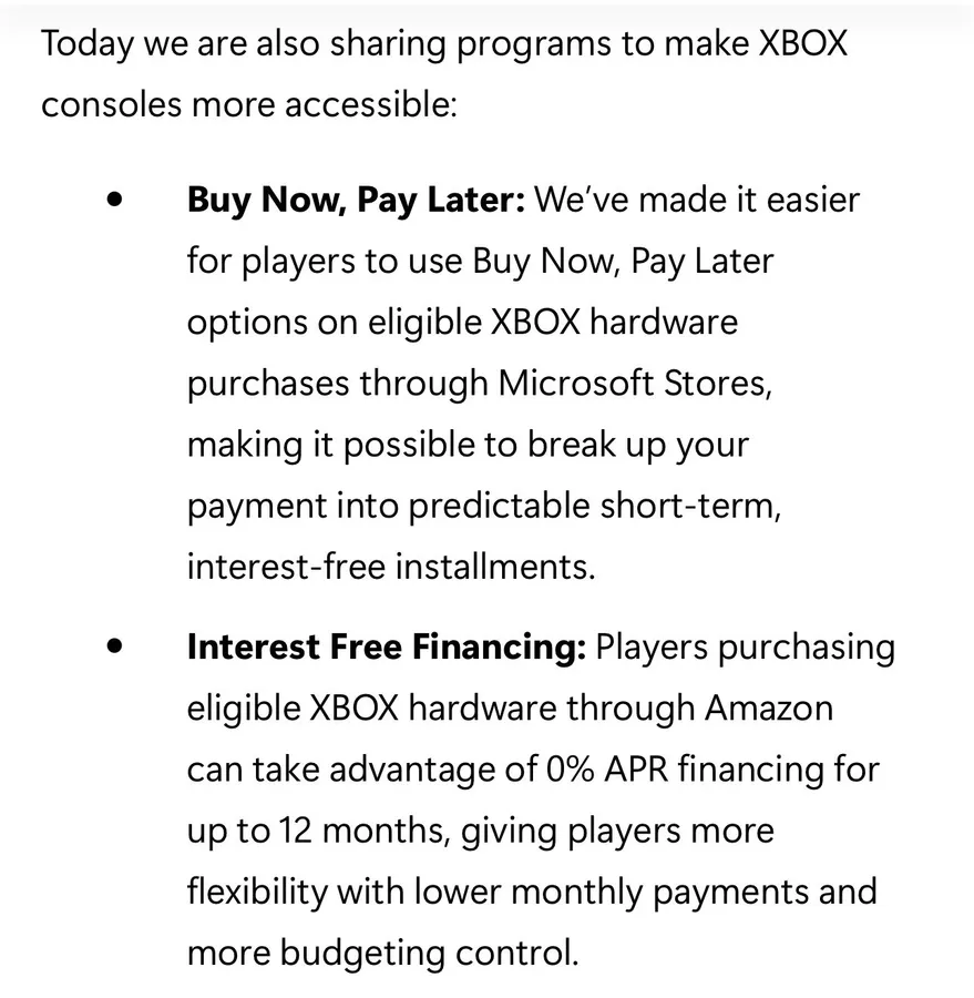 Screenshot of Xbox Wire post listing Buy Now Pay Later and Interest Free Financing programs for Xbox consoles