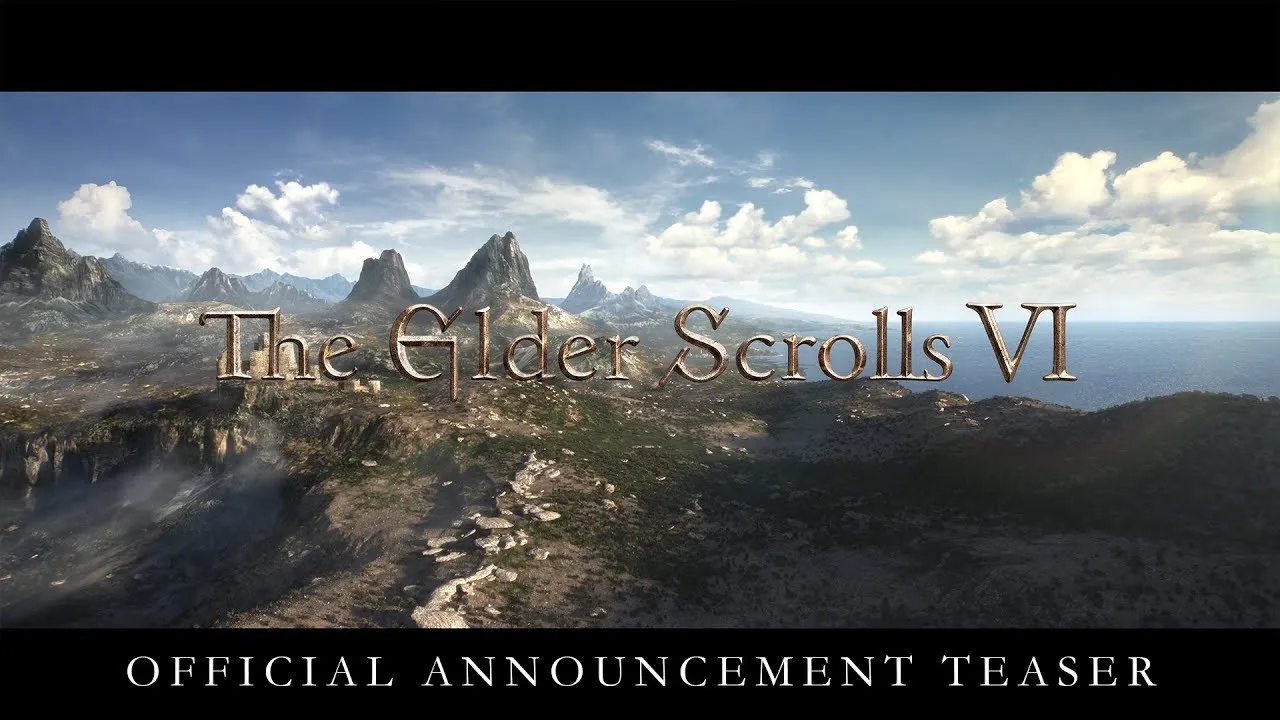 The Elder Scrolls VI official announcement teaser showing a mountainous landscape with the series logo