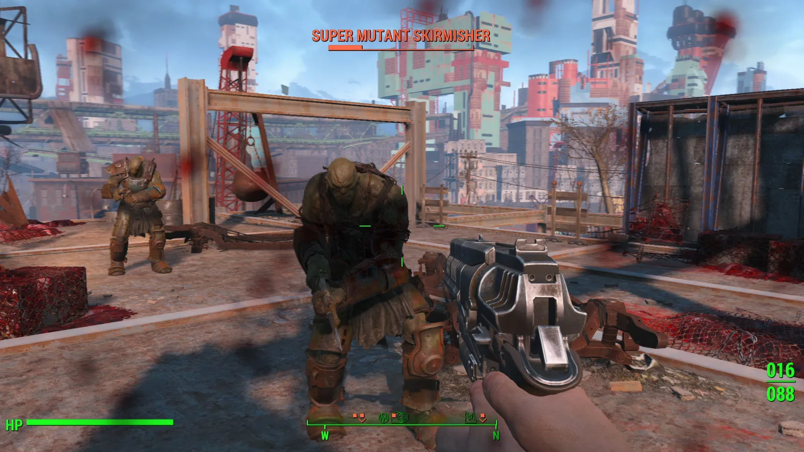 Fallout 4 screenshot showing the protagonist in a post-apocalyptic Boston wasteland at dusk