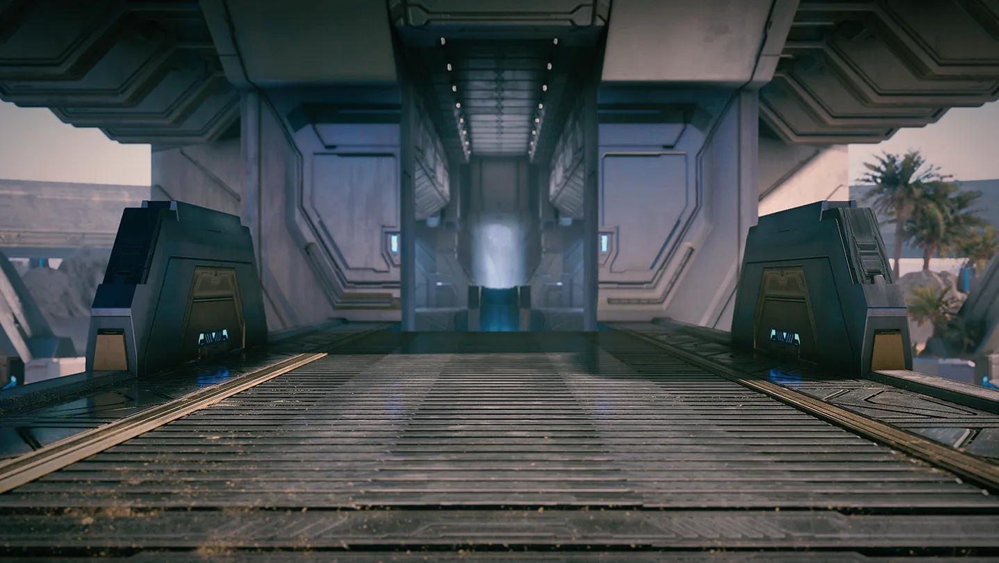 Halo Infinite atmospheric key art showing a sprawling sci-fi landscape in vivid blue and orange tones