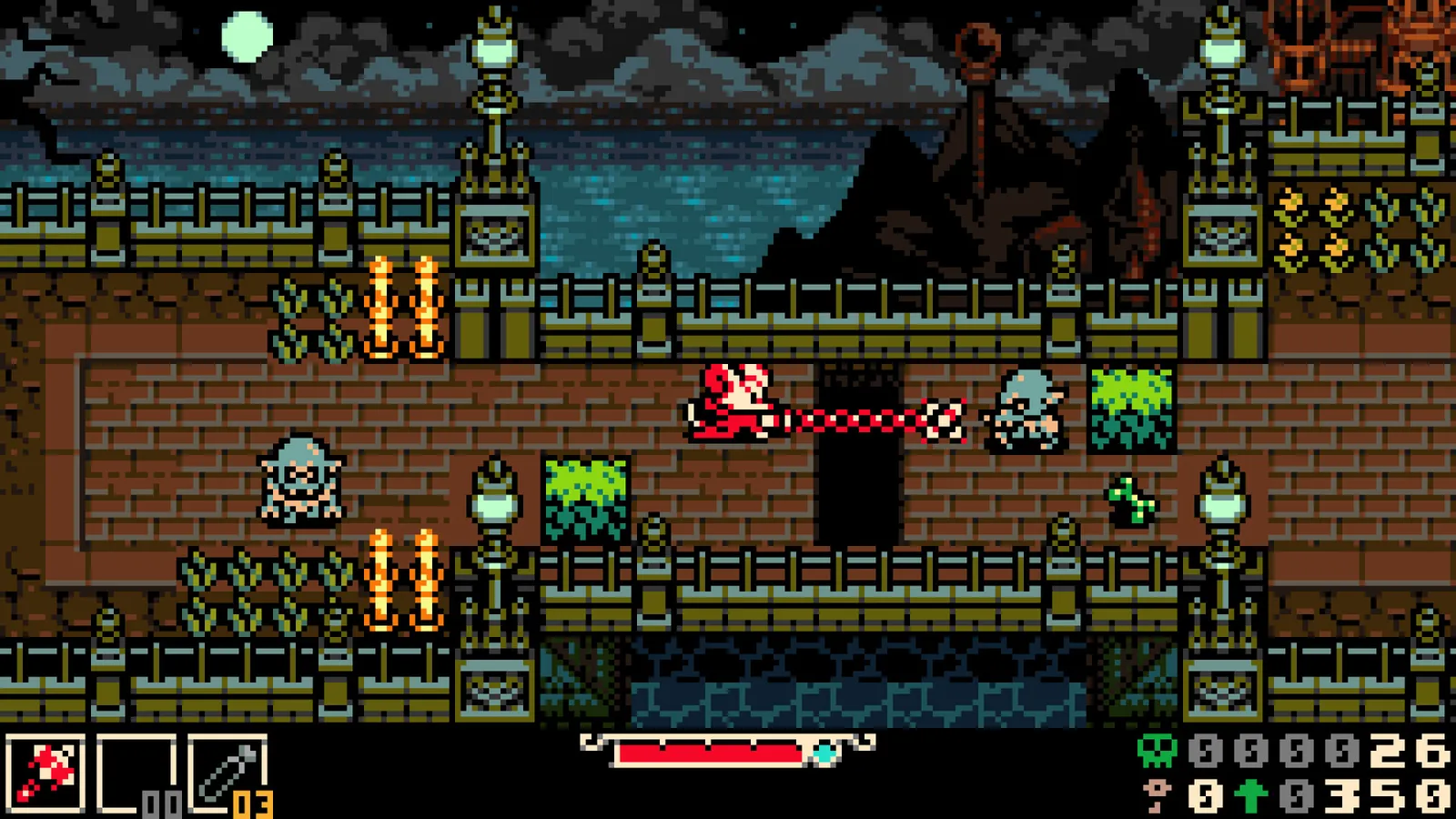 Mina the Hollower pixel art screenshot showing Mina exploring an indoor dungeon area