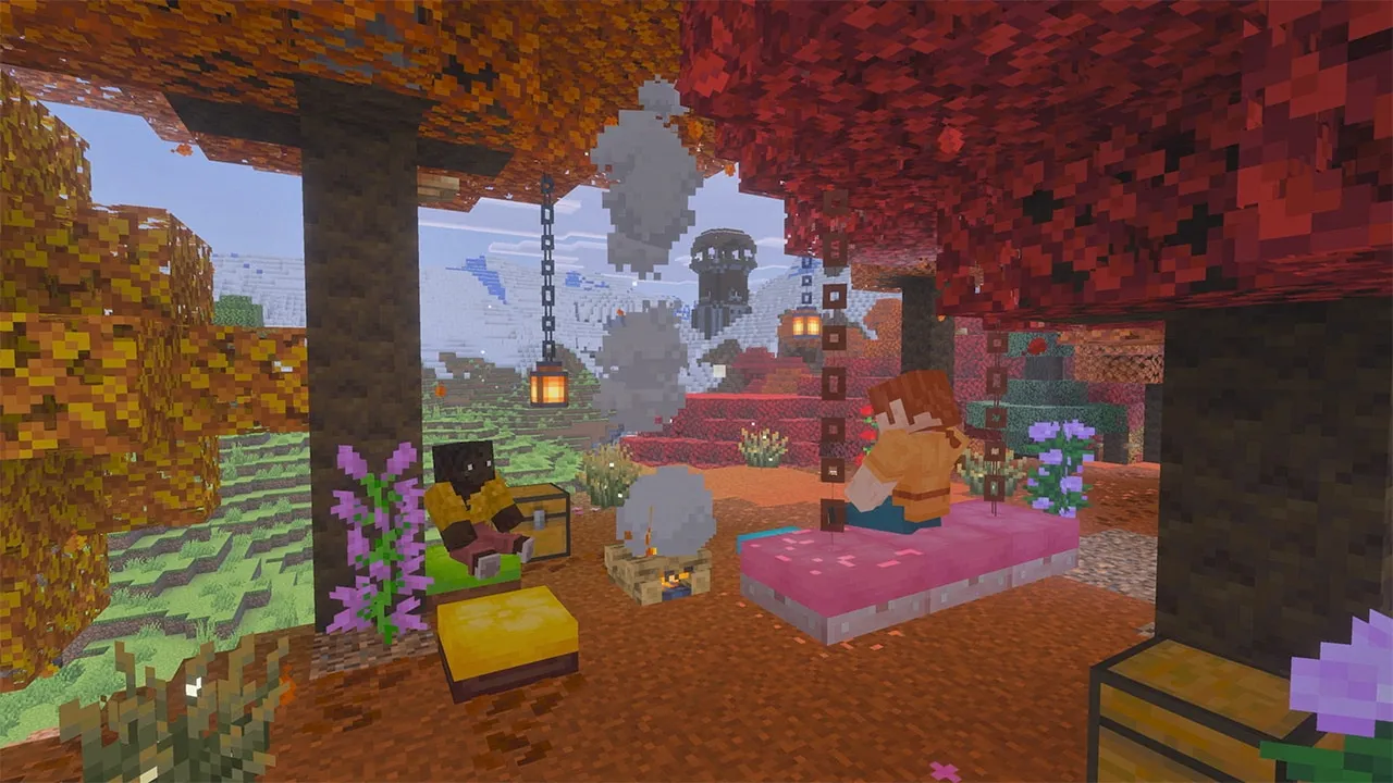 Two Minecraft characters camping beneath colorful autumn trees with snowy mountains in the distance