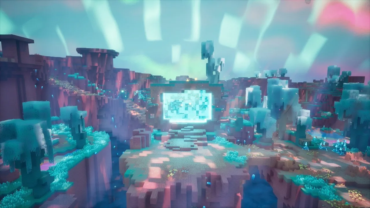 Glowing blue portal surrounded by icy turquoise vegetation in the colorful canyon landscape of The Sift dimension